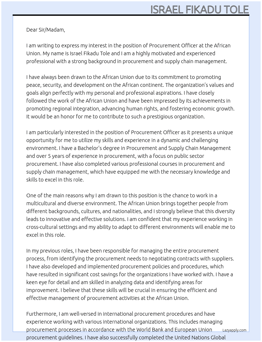 Procurement officer At African Union Cover Letter