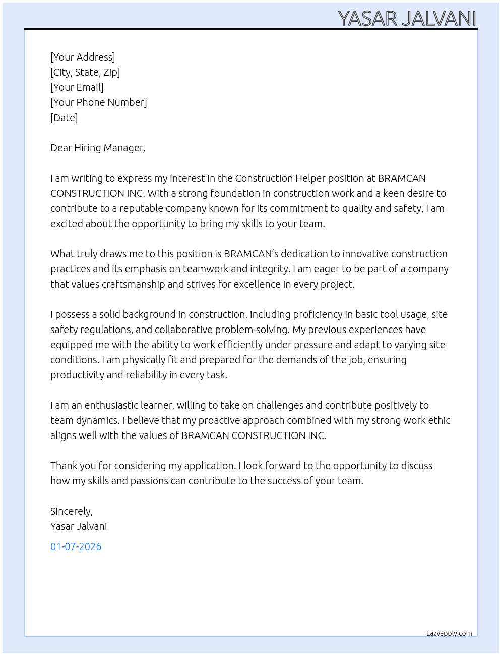 Cover letter for construction helper - LazyApply