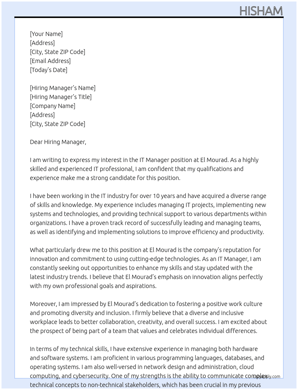 IT Manager At El Mourad Cover Letter