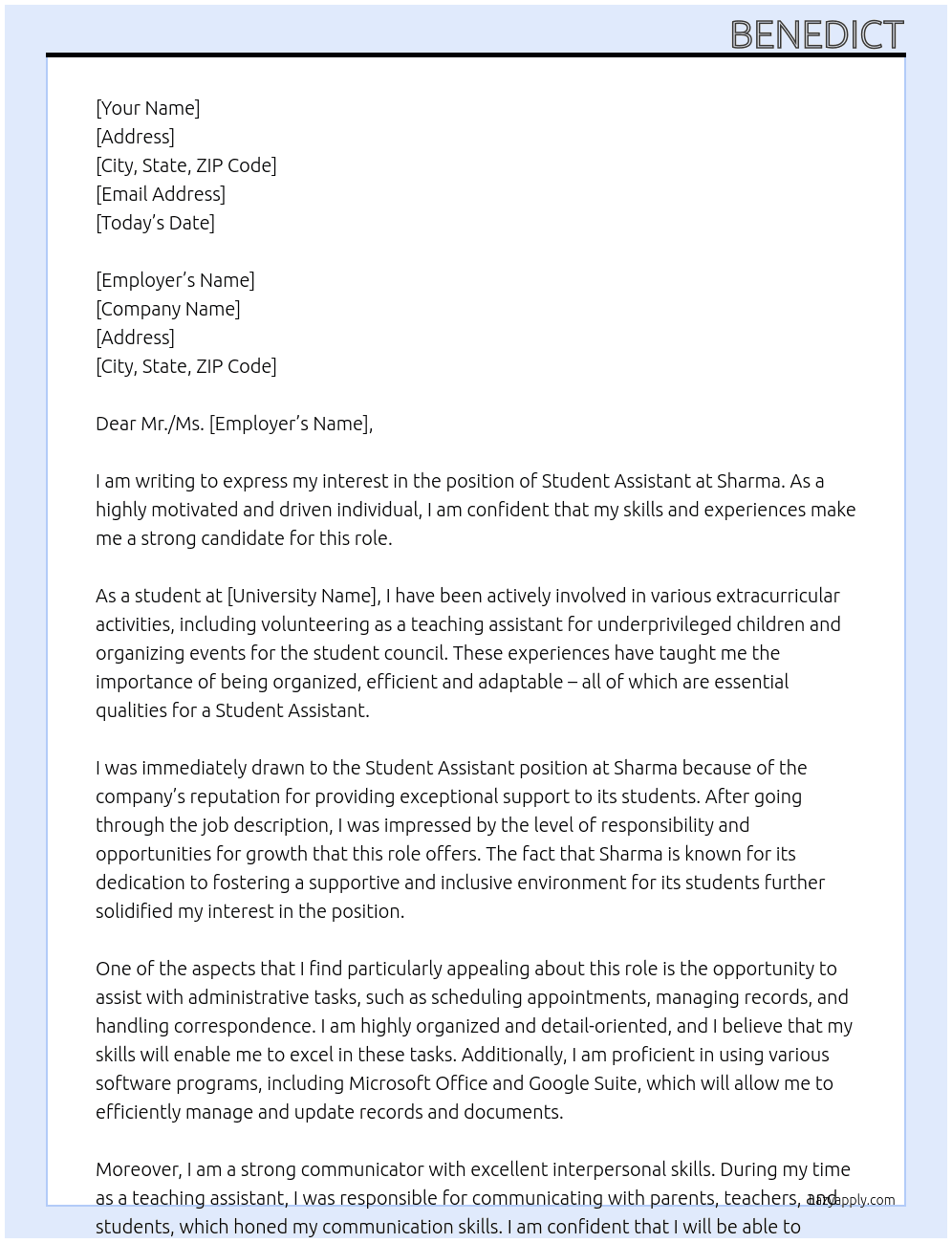 Student assistant At sharma Cover Letter