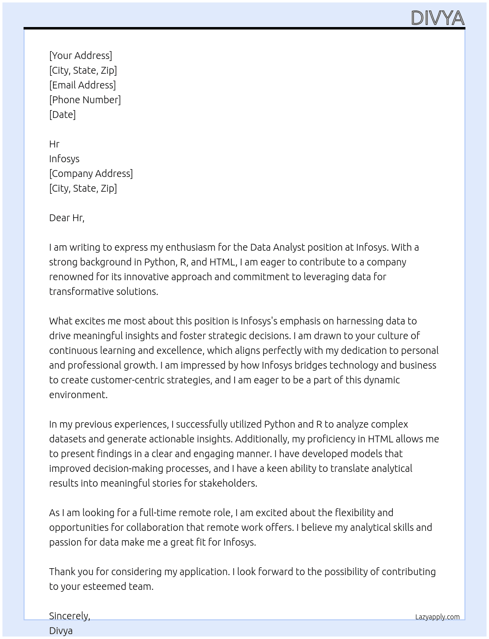 Data analysis At Infosys Cover Letter