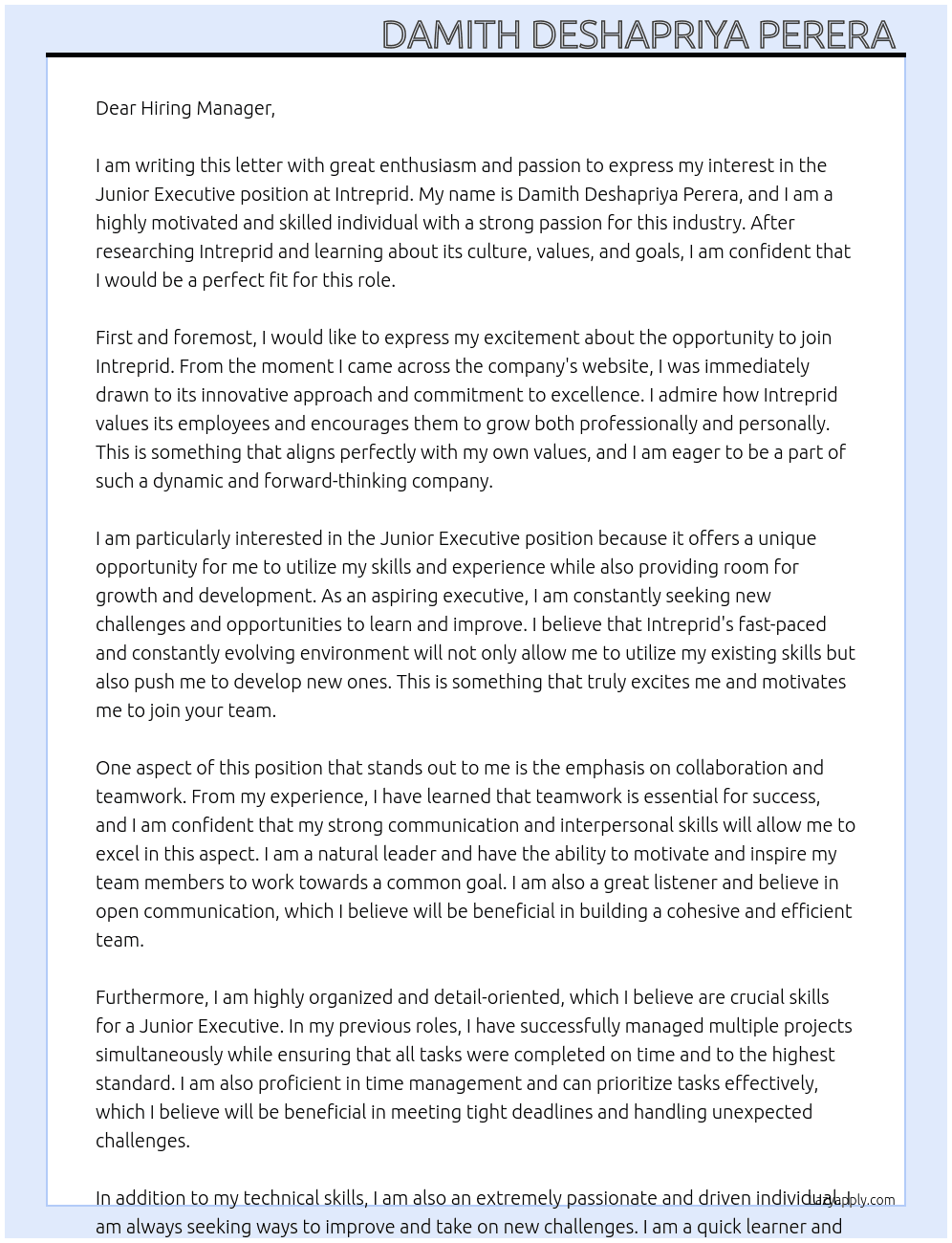 Junior executive  At Intreprid Cover Letter