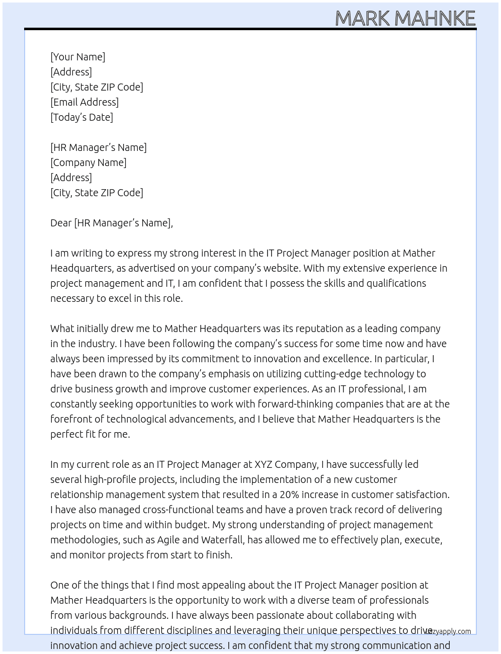 IT Project Manager At Mather Headquarters Cover Letter