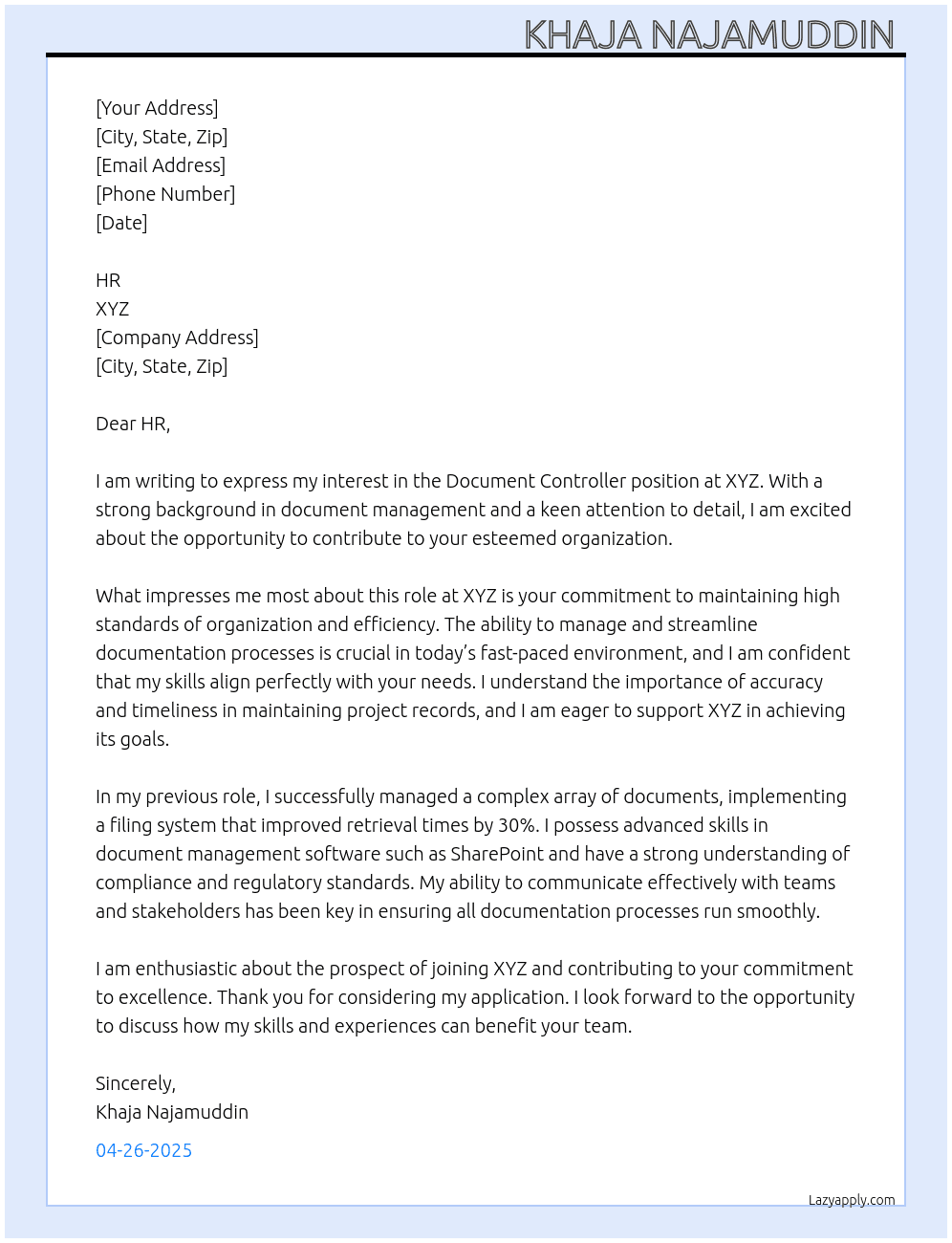 Document controller  At Xyz Cover Letter