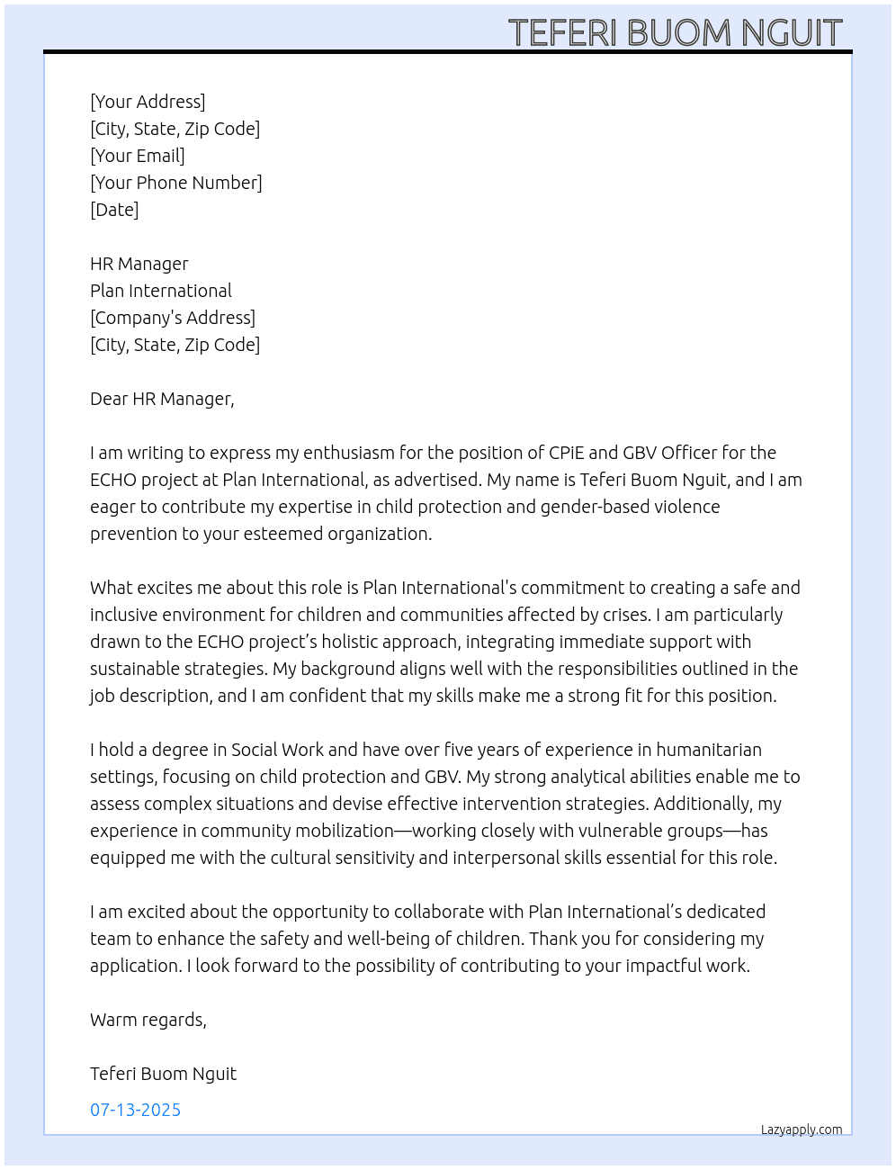 Cover letter for cpie and gbv officer  for echo project - LazyApply