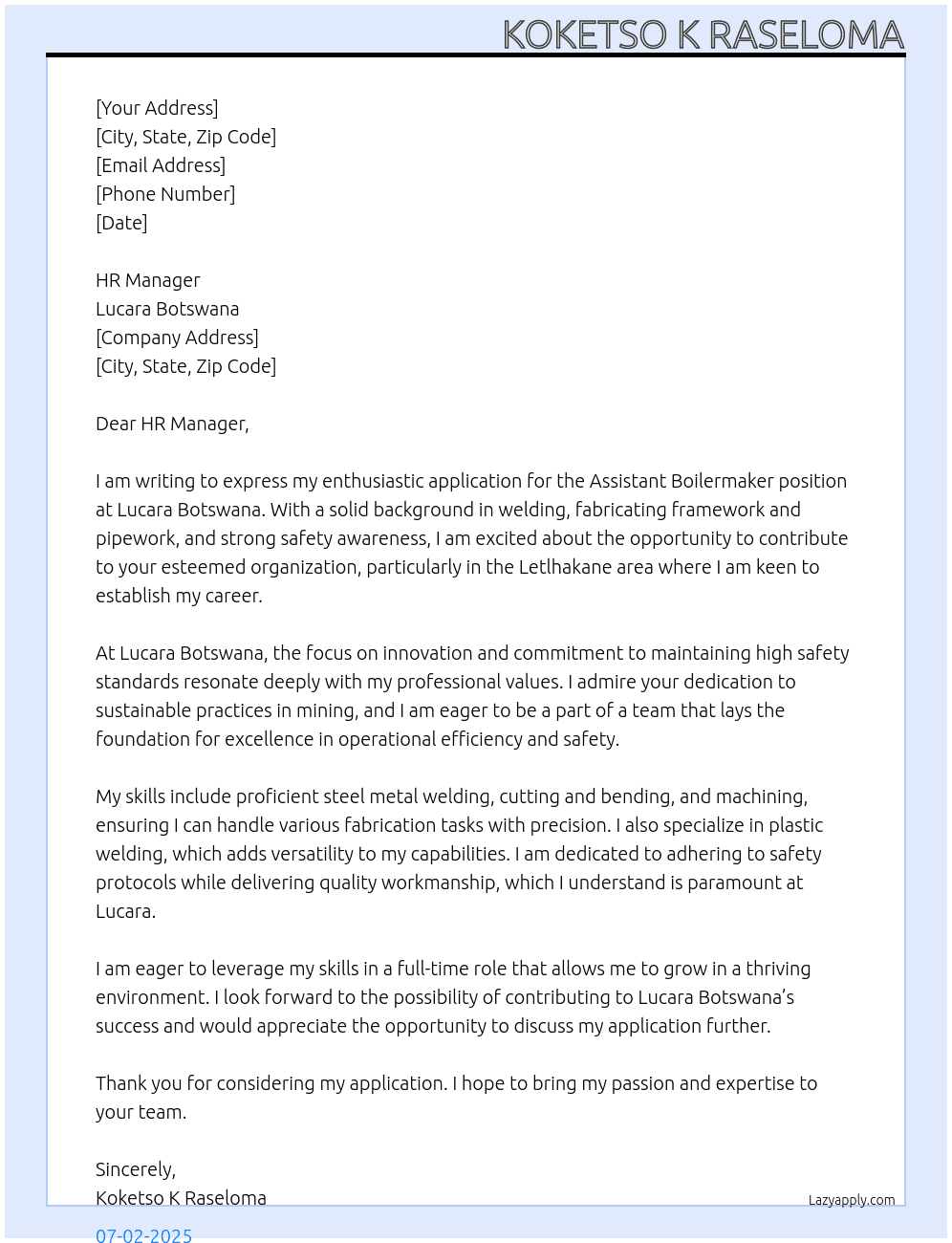 Assistant Boilermaker At Lucara Botswana Cover Letter