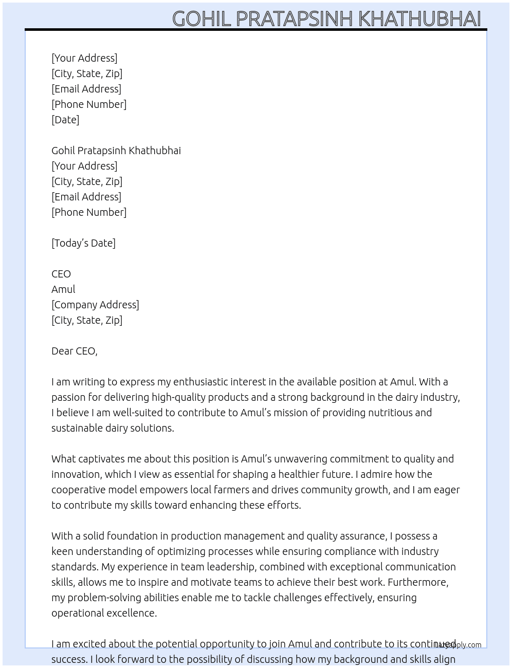 Amul  At Amul  Cover Letter