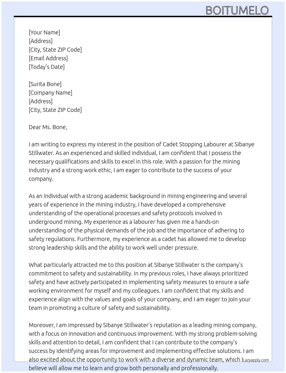 Cover letter for cadet stopping labourer - LazyApply