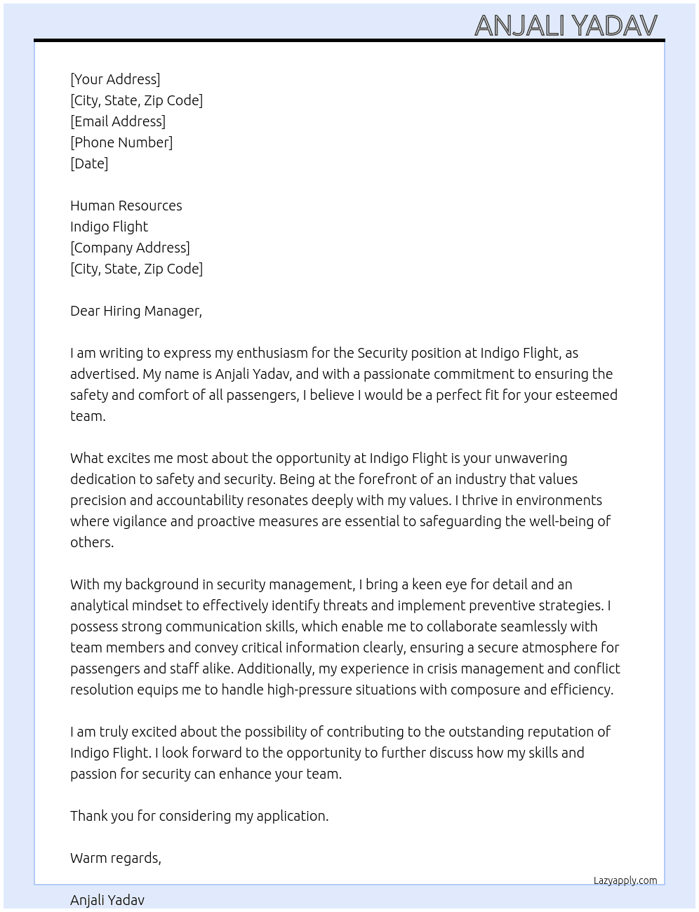 Security  At Indigo flight  Cover Letter