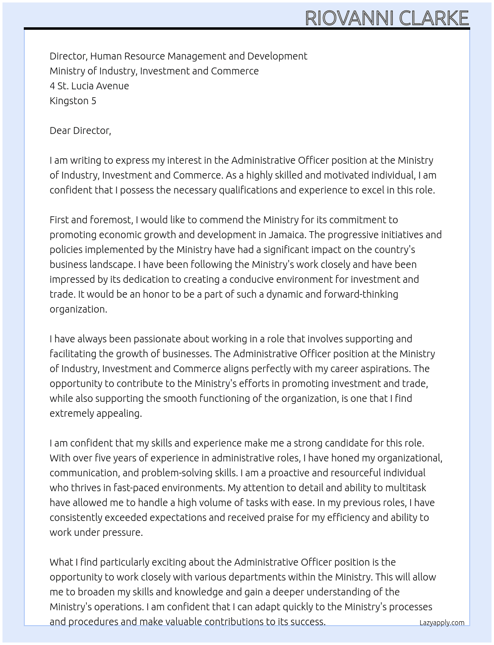 Administrative Officer At Ministry of Industry, Investment and Commerce Cover Letter