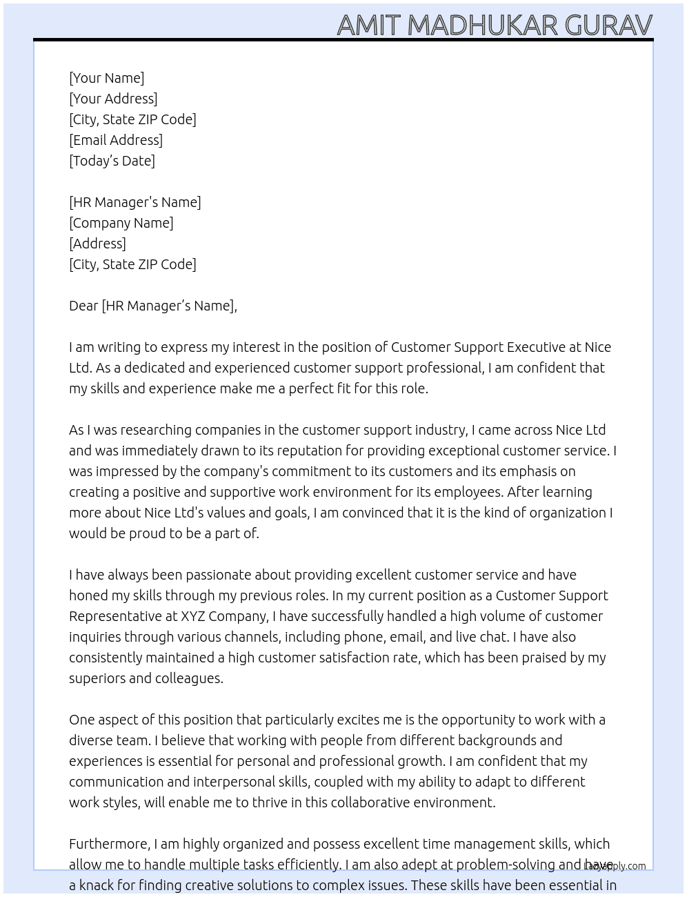 Customer support executive At Nice Ltd Cover Letter