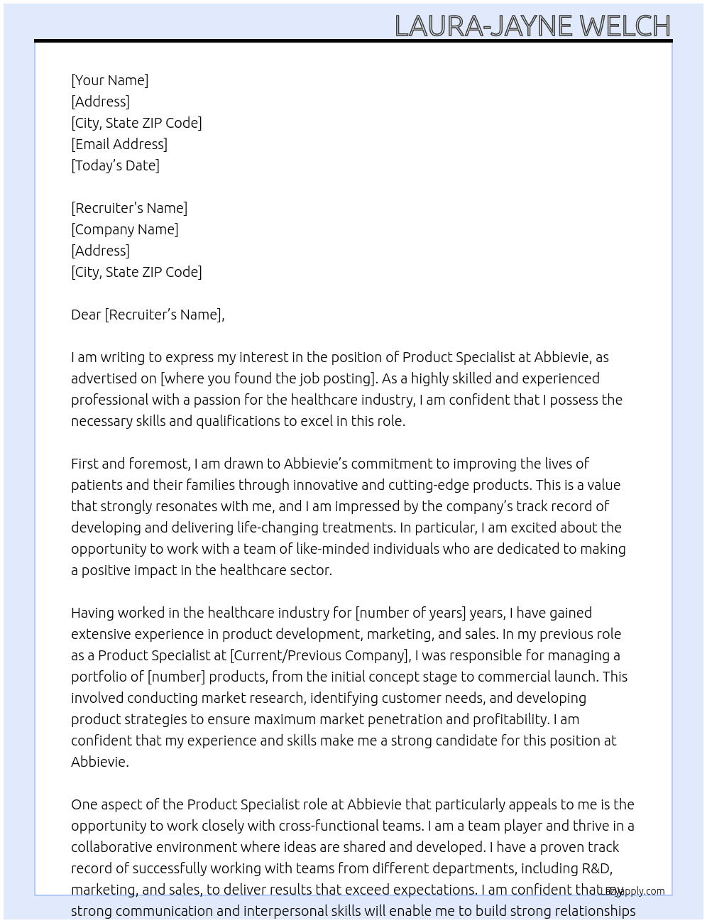 Product specialist  At Abbievie Cover Letter