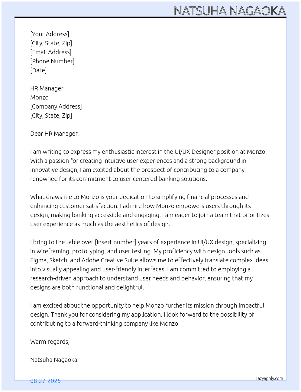 UIUX Designer At Monzo Cover Letter