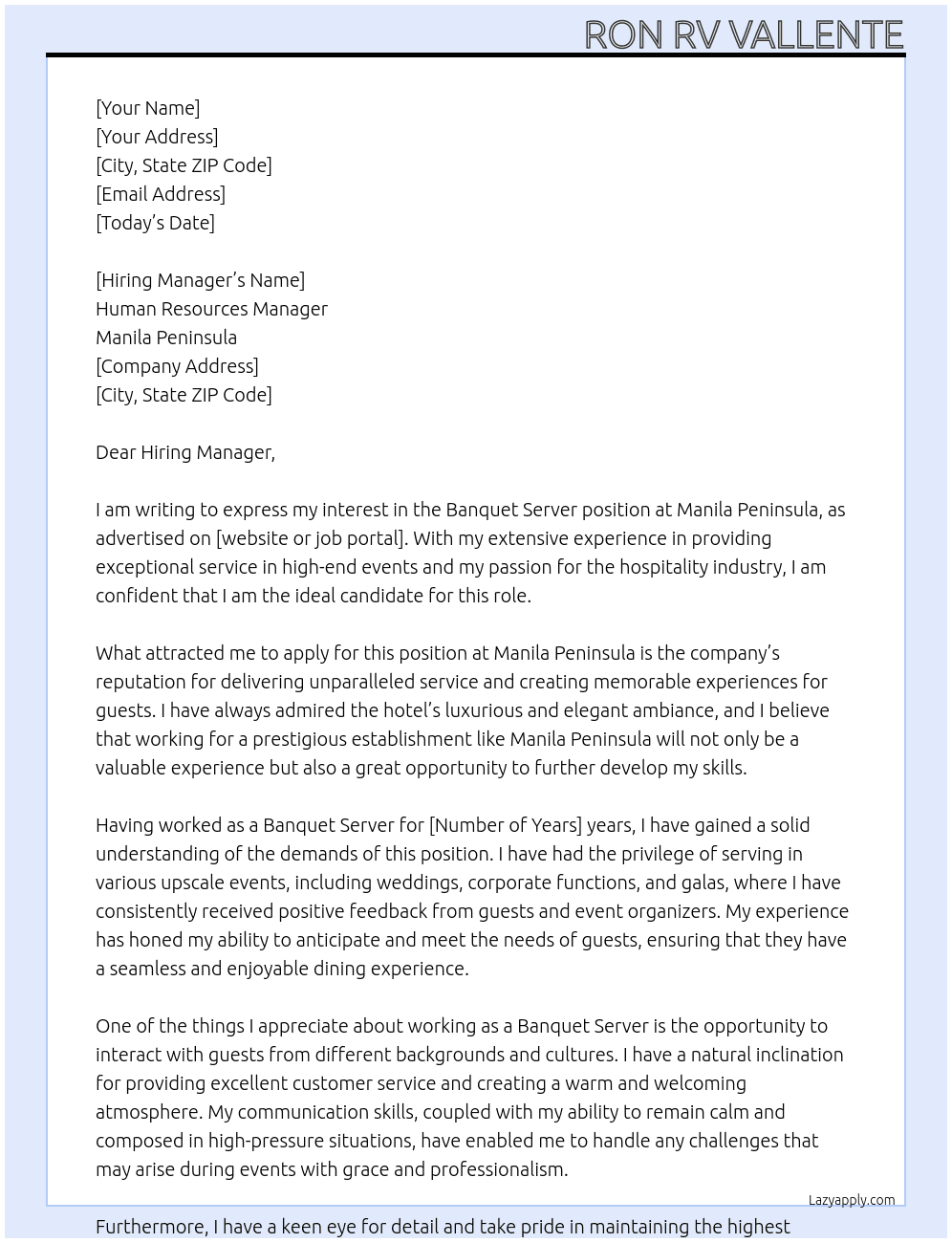 Banquet Server At Manila Peninsula Cover Letter