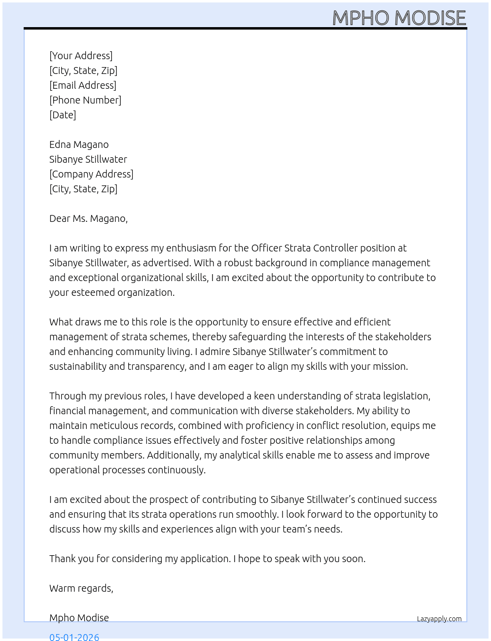Officer strata controller At Sebanye stillwater  Cover Letter