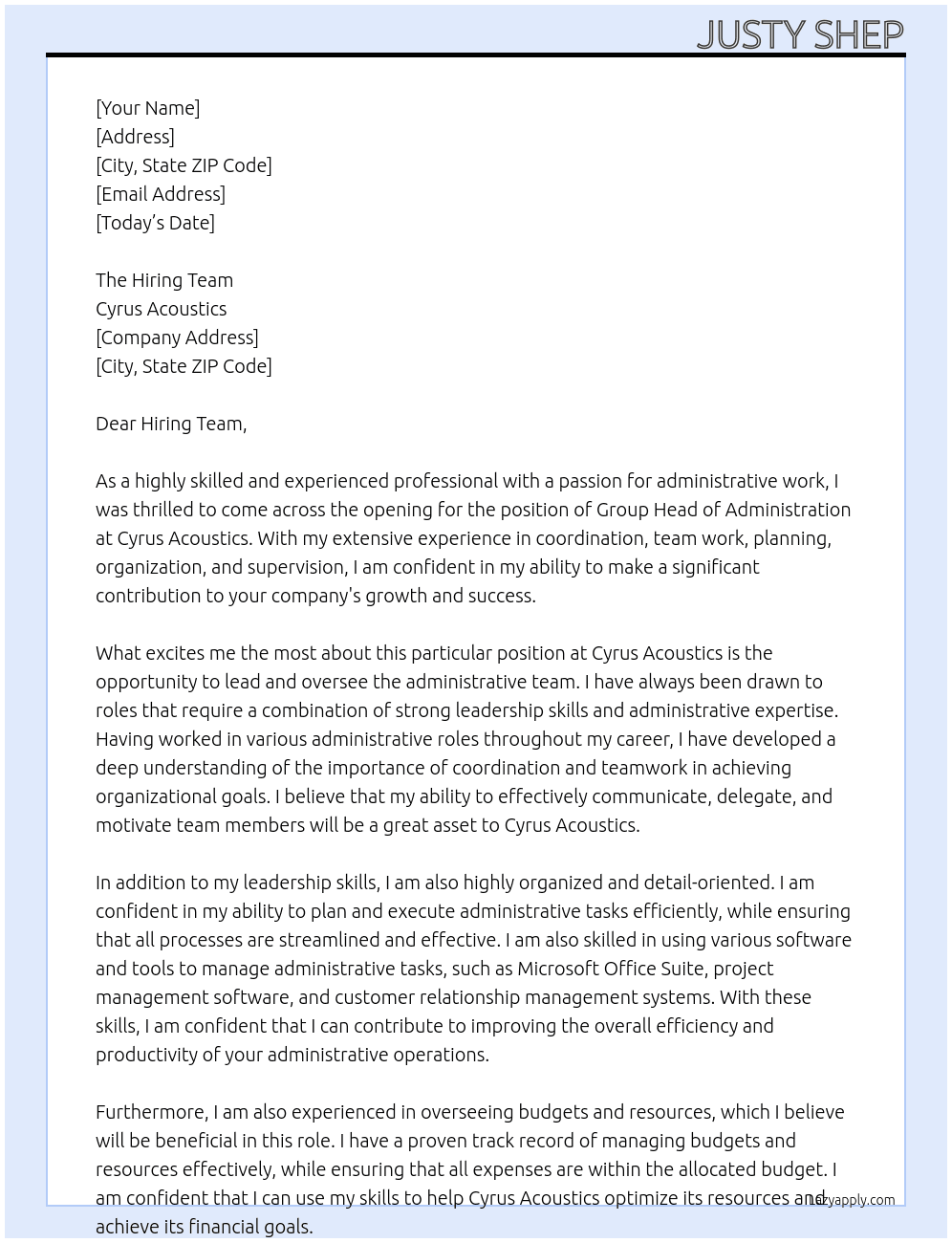 Group Head of Administration At Cyrus Acoustics Cover Letter
