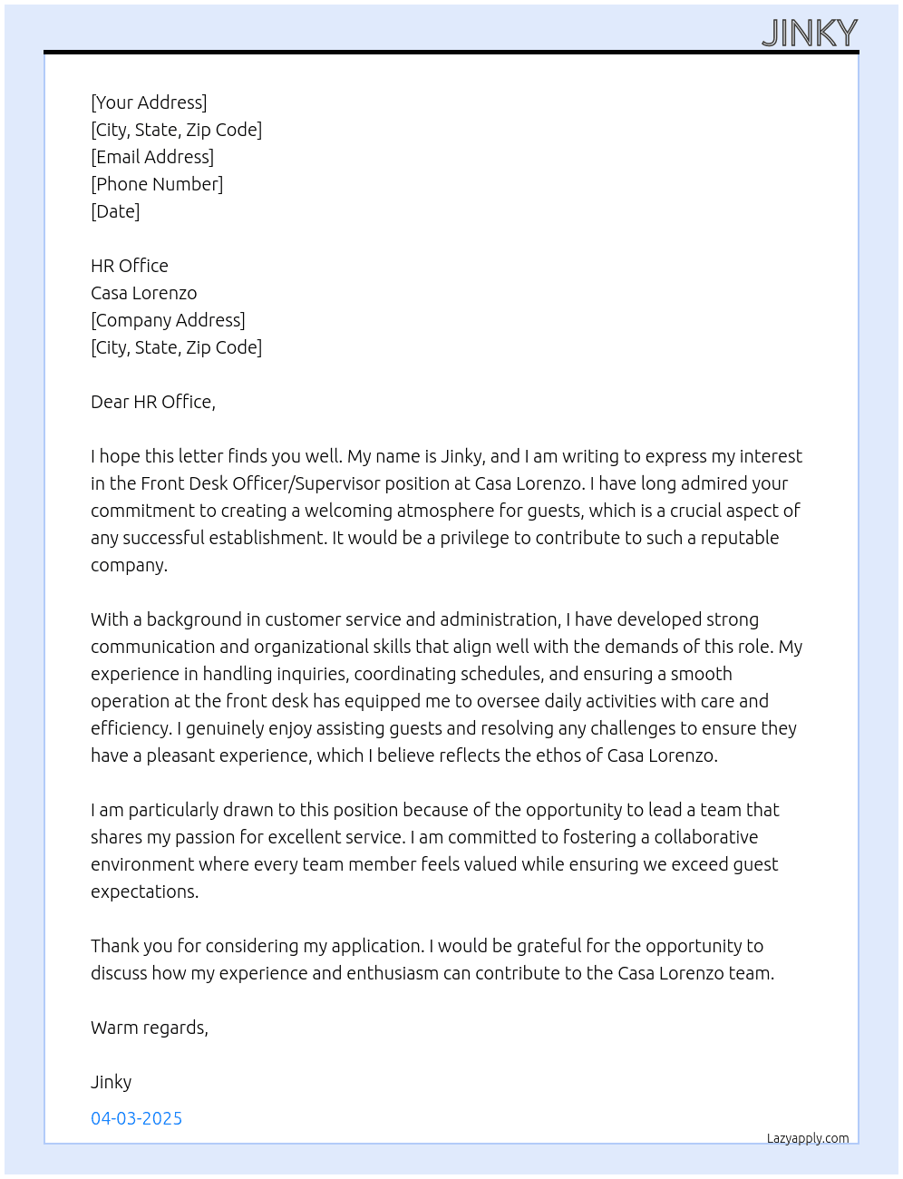 Cover letter for front desk officer/ supervisor - LazyApply