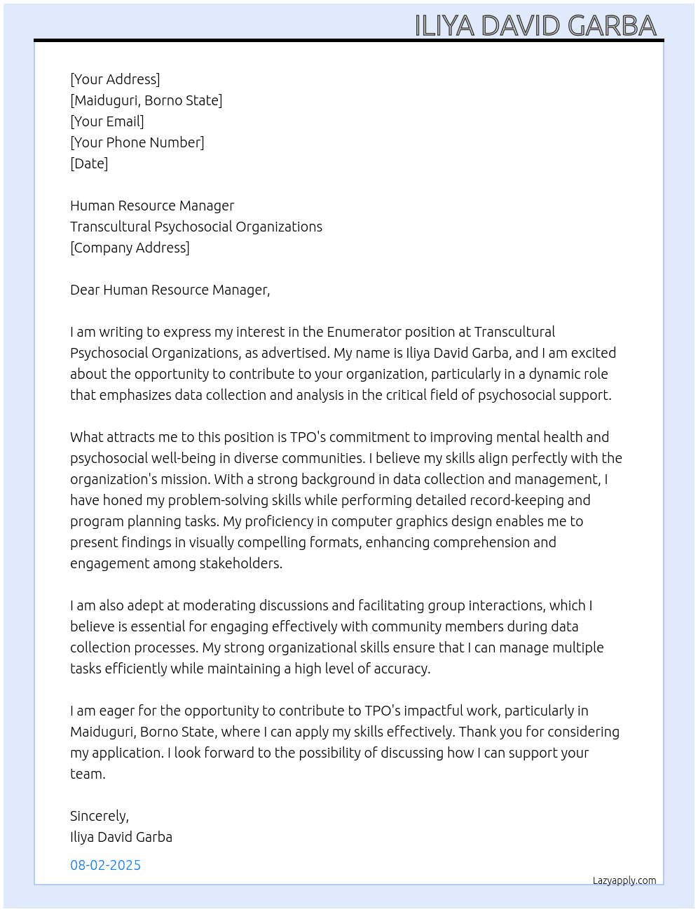 Enumerator  At Transcultural psychosocial organizations  Cover Letter