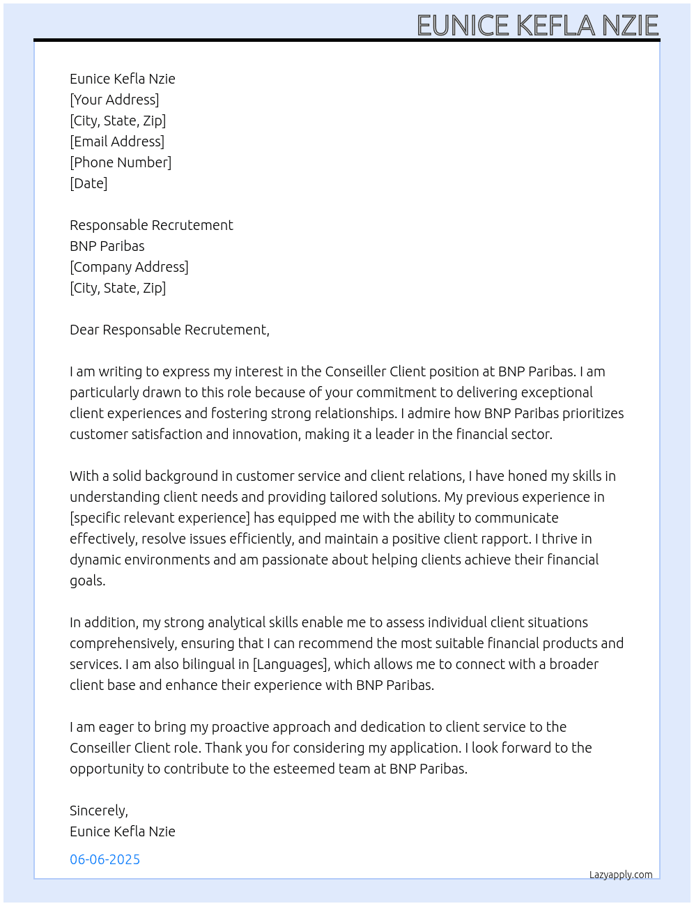 Conseiller client At BNP Paribas Cover Letter