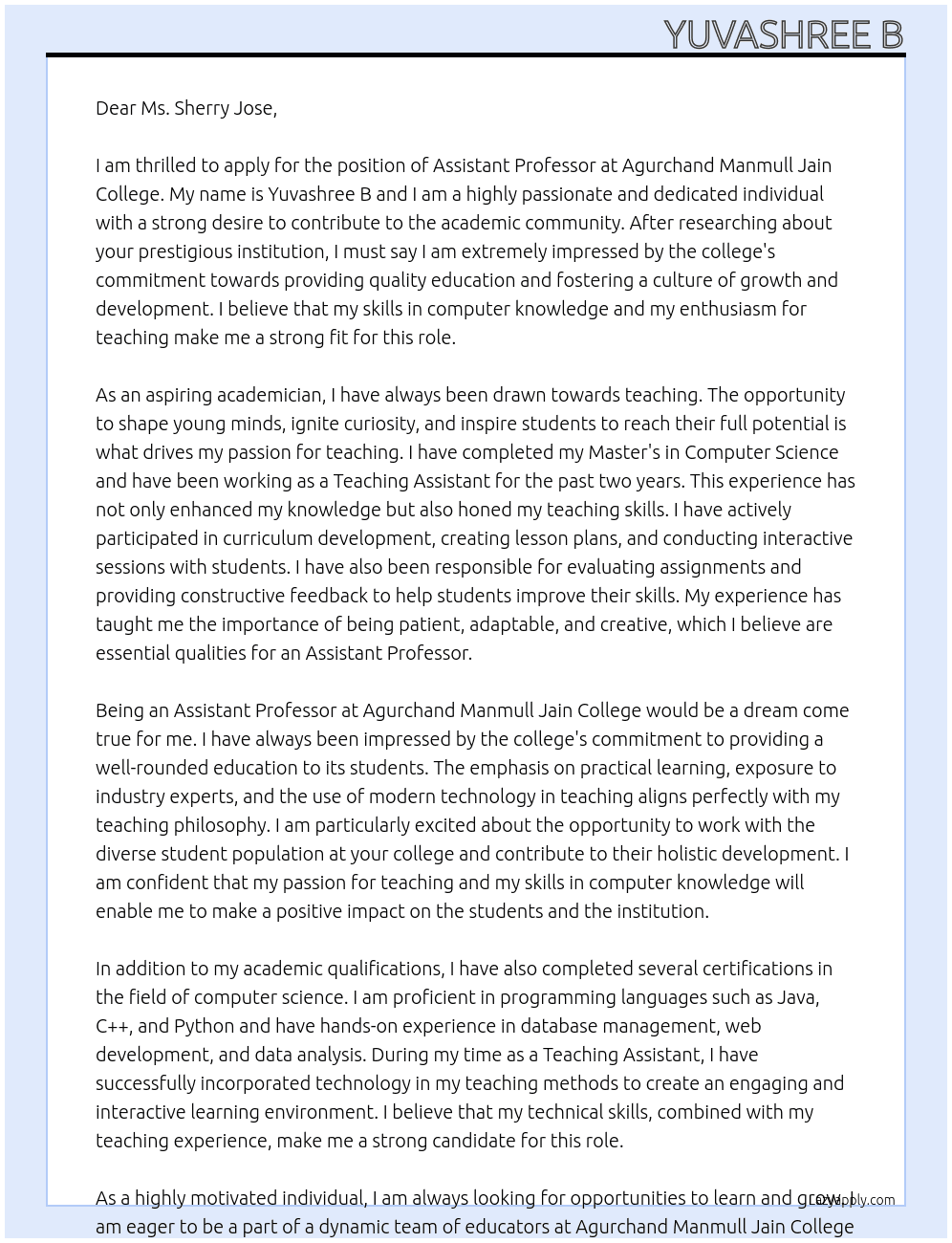 Assistant professor  At Agurchand manmull jain college  Cover Letter