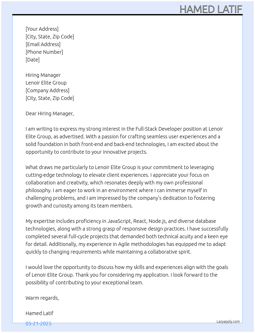 Full-Stack Developer At 	lenoir elite group Cover Letter