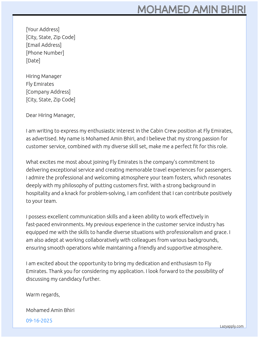 cabin crew At fly emirates Cover Letter