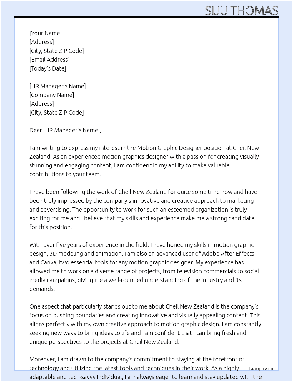 Motion Graphic Designer At Cheil New Zealand Cover Letter