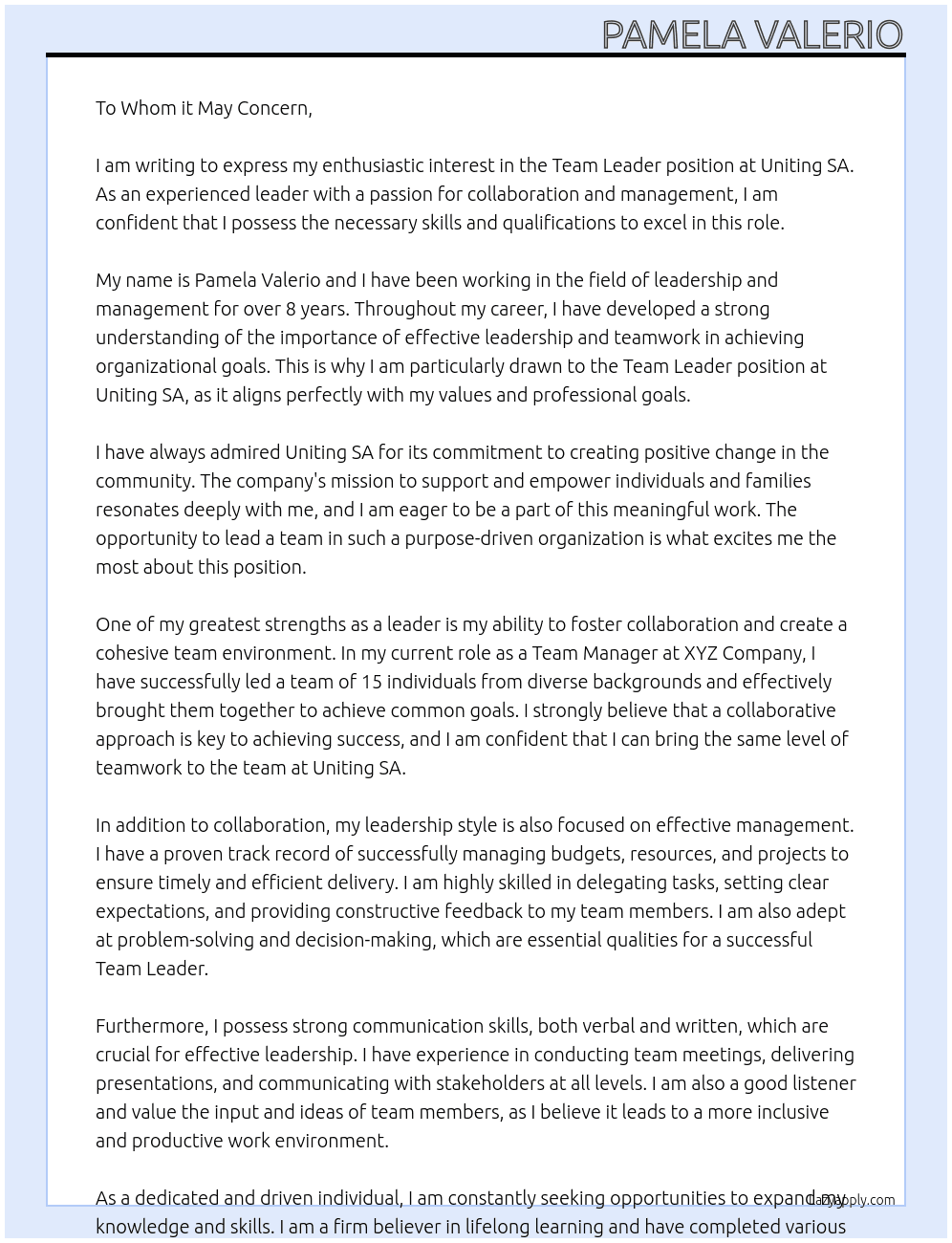 Team Leader At Uniting SA Cover Letter