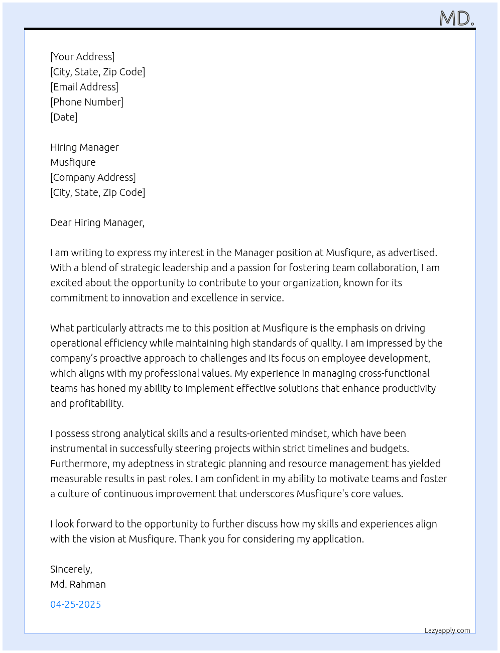 Manager At Musfiqure Cover Letter