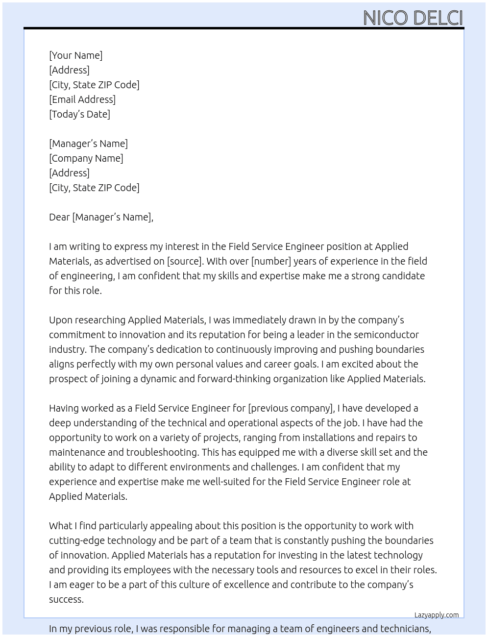 Field Service Engineer At Applied Materials Cover Letter