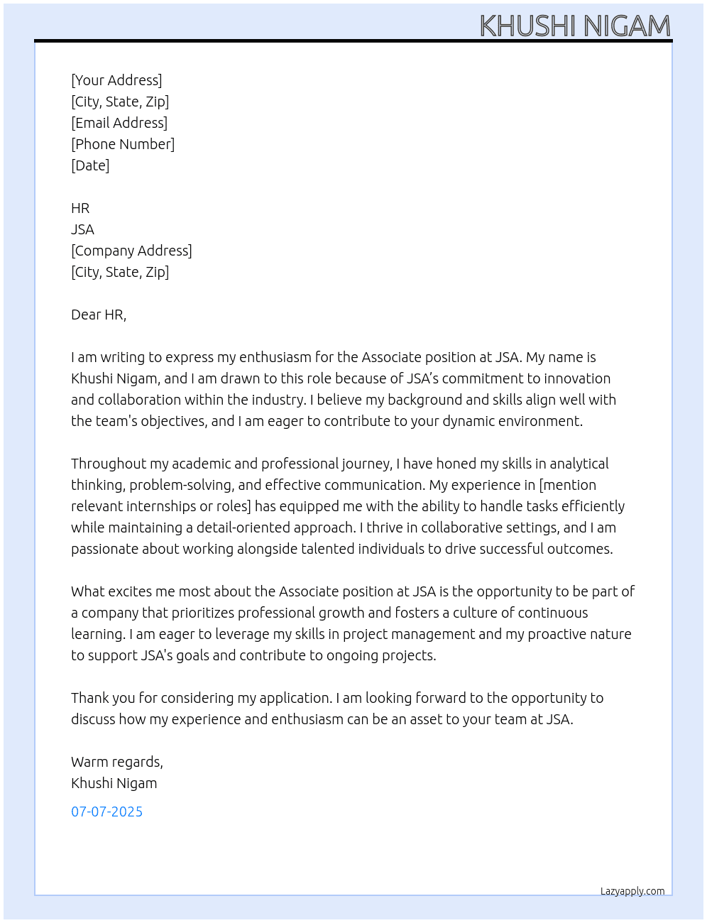Cover letter for associates - LazyApply