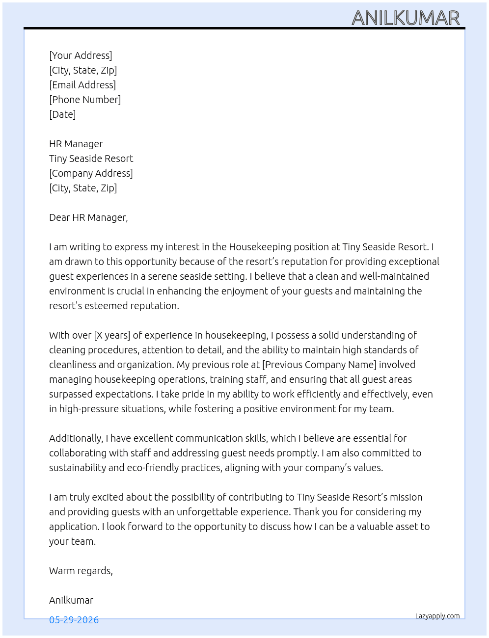 Cover letter for housekeeping - LazyApply