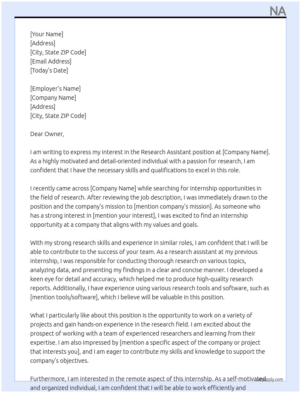Cover letter for research assisten - LazyApply