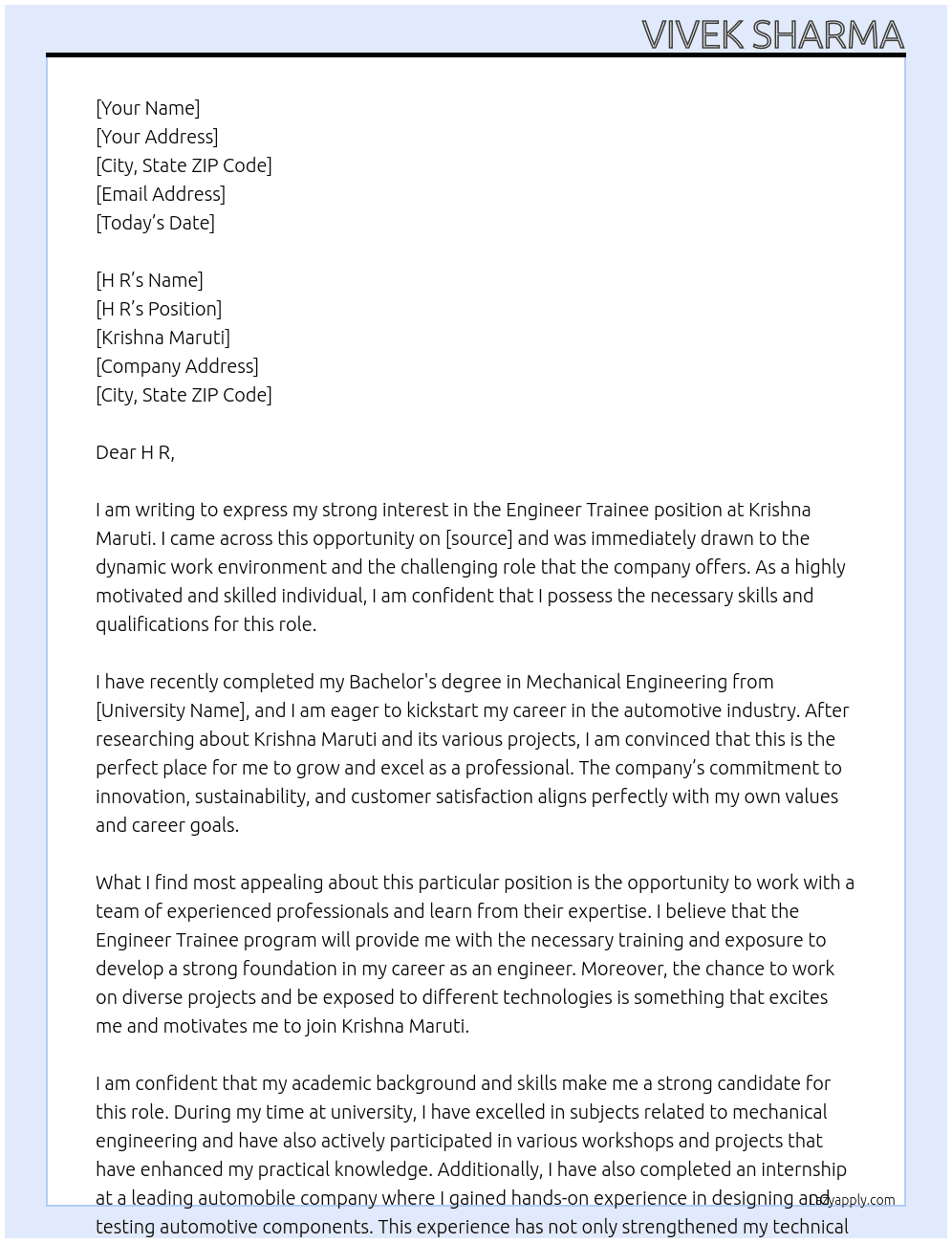 Engineer Trainee  At Krishna Maruti  Cover Letter
