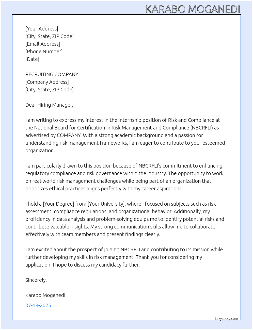 Cover letter for internshipe of nbcrfli risk and complaince - LazyApply