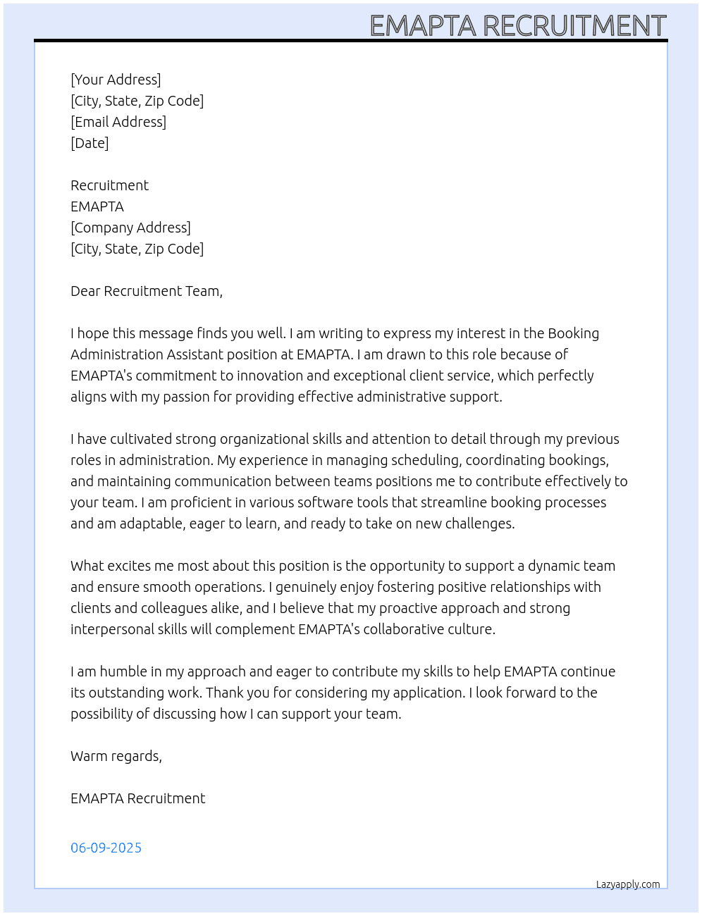 Booking Administration assistant At EMAPTA Cover Letter