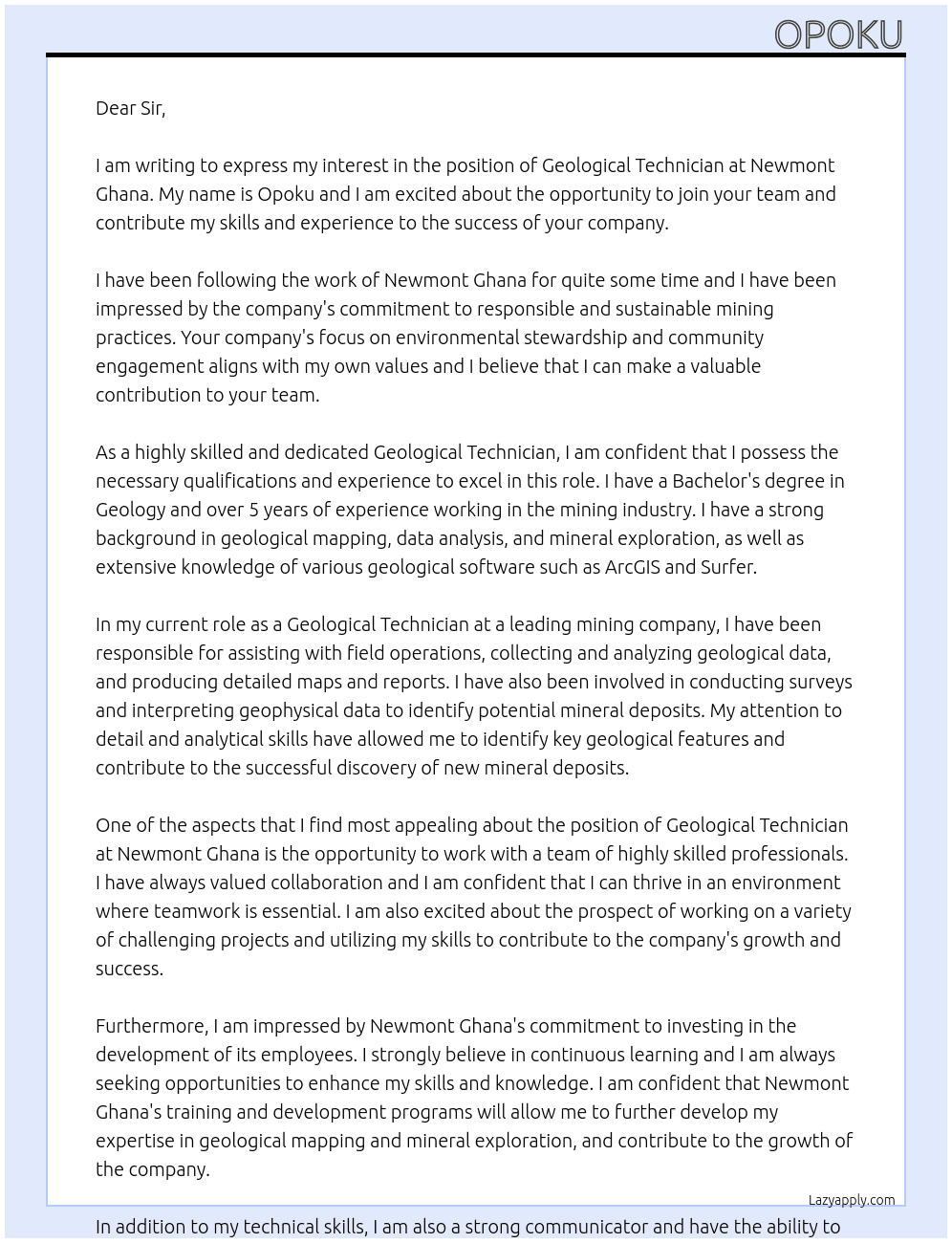 Geological Technician  At Newmont Ghana Cover Letter