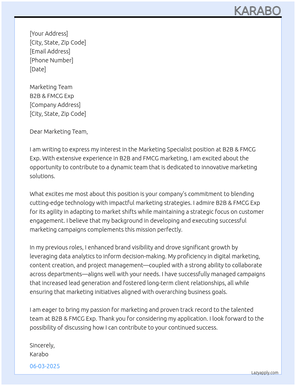 r Marketing Specialist (B2B &amp; FMCG exp) At B2B &amp; FMCG exp Cover Letter