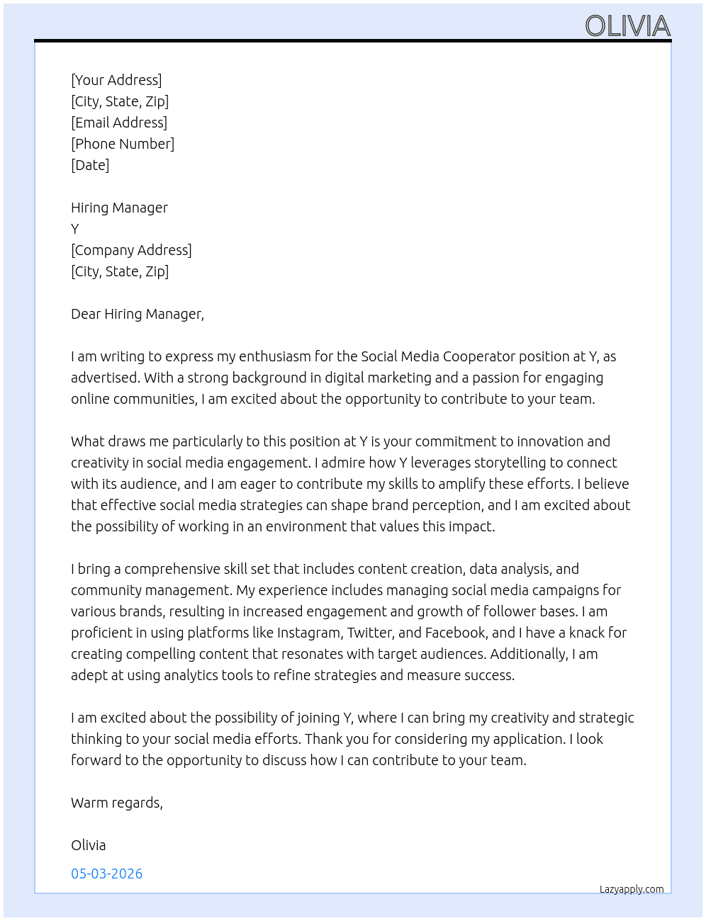 Cover letter for social media cooperator - LazyApply