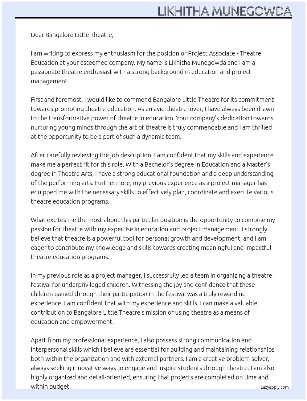 PROJECT ASSOCIATE - THEATRE EDUCATION At bangalore little theatre Cover Letter