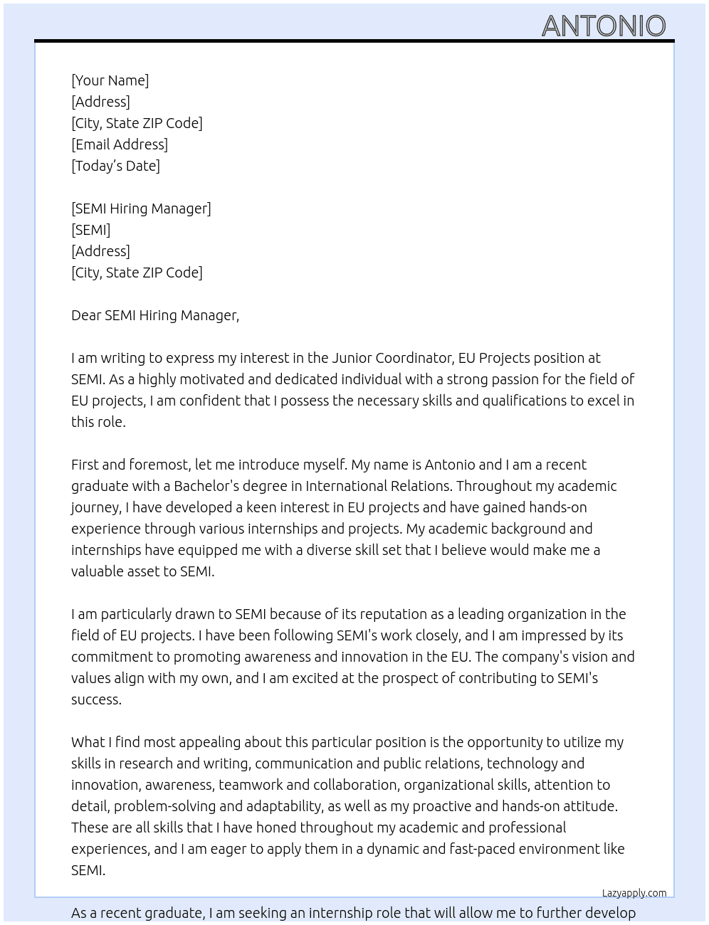 unior Coordinator, EU Projects At SEMI Cover Letter