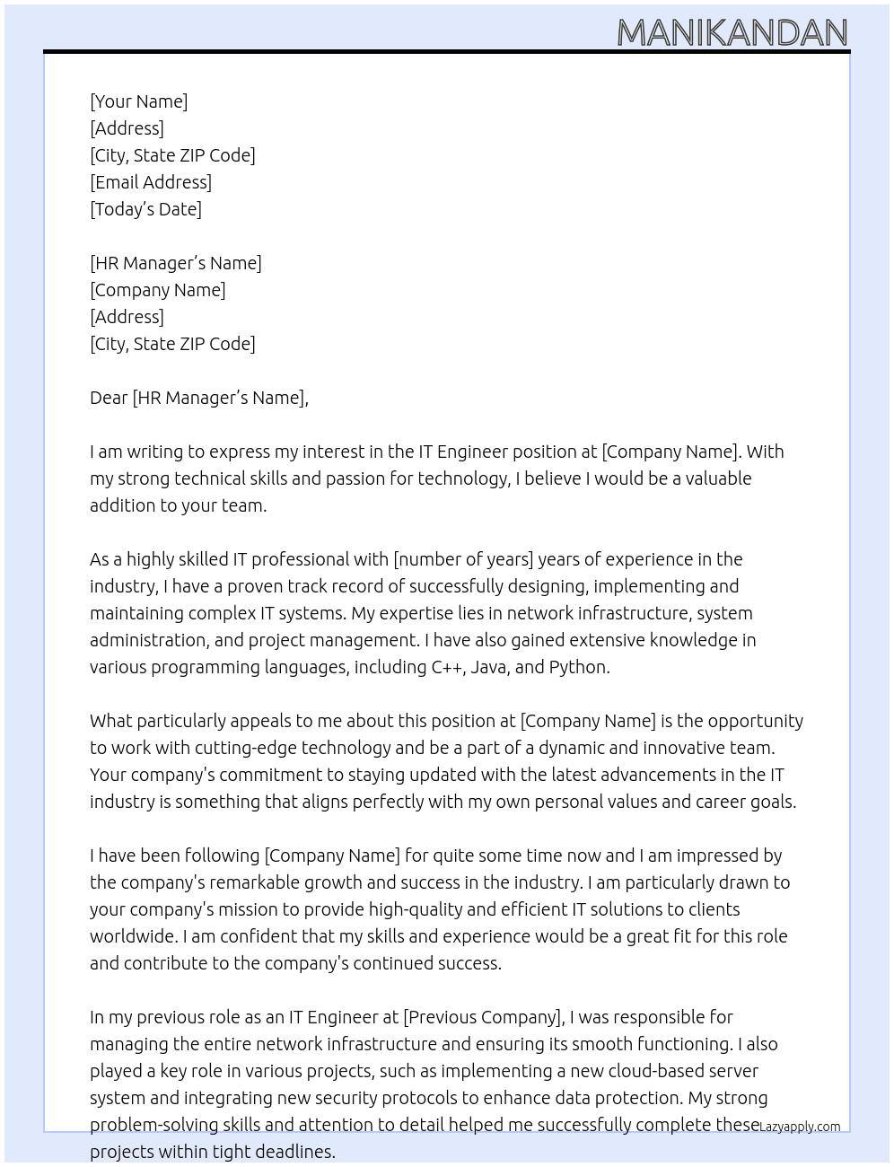 IT Engineer At XXX Cover Letter