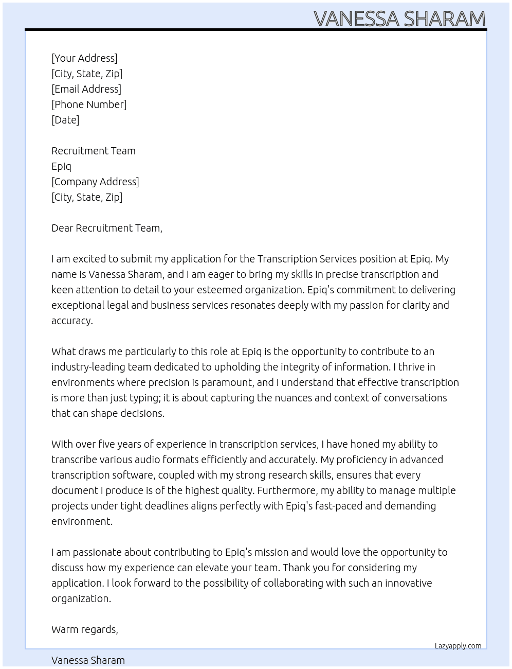 Transcription services At Epiq Cover Letter