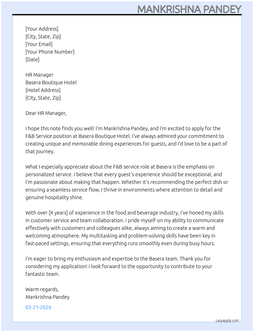 Cover letter for f&b service - LazyApply