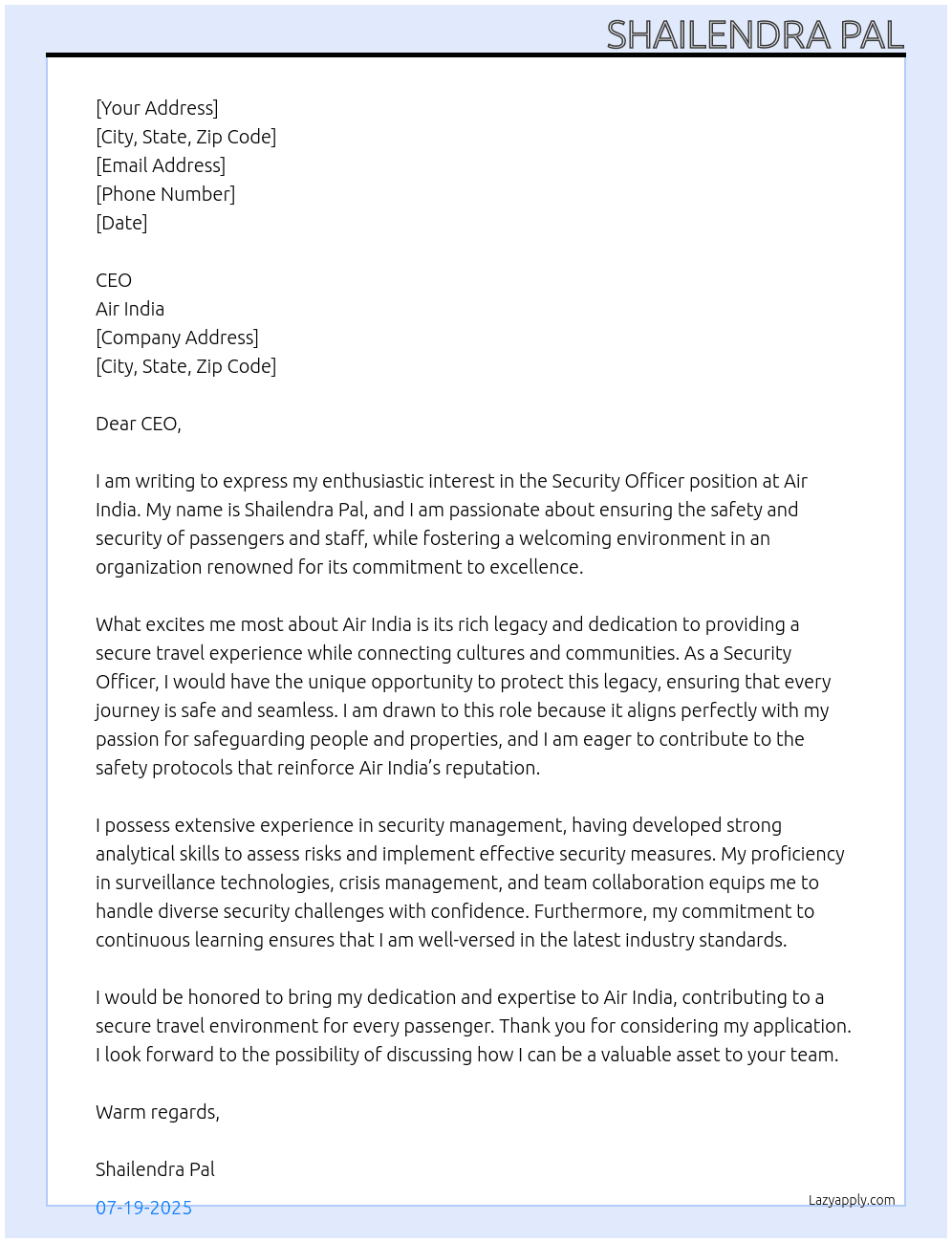 Cover letter for sequrity officer - LazyApply