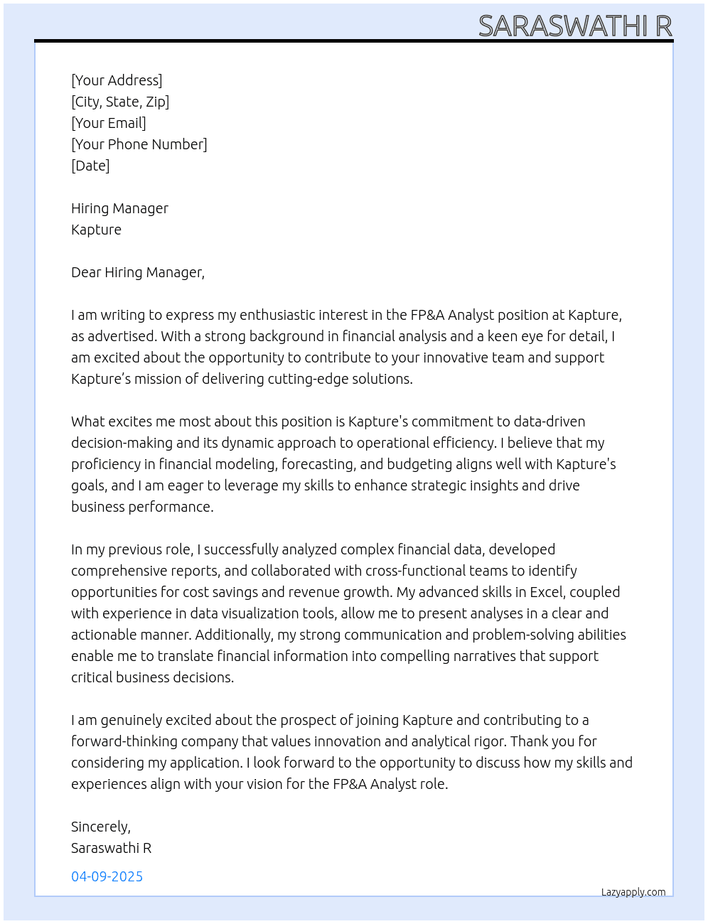 Cover letter for fp & a analyst - LazyApply