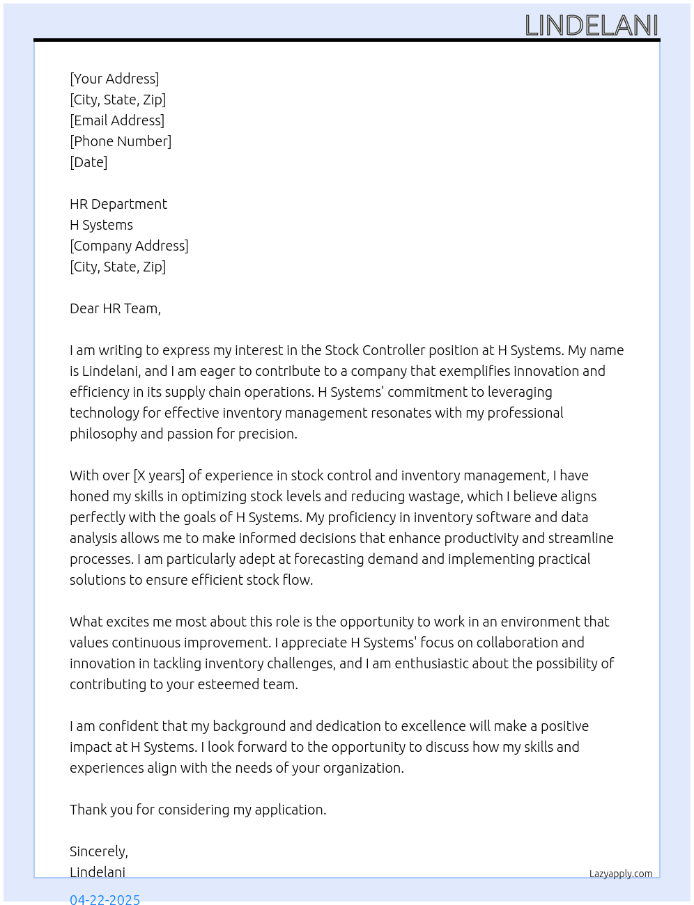 stock controller At H Systems Cover Letter