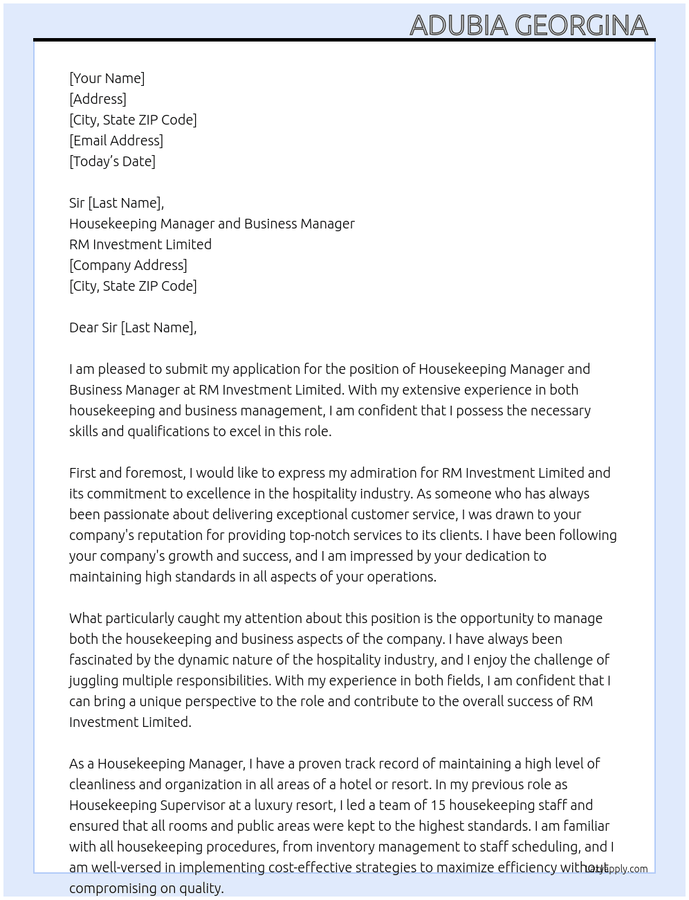 Housekeeping Manager and Business Manager  At RM Investment Limited Cover Letter