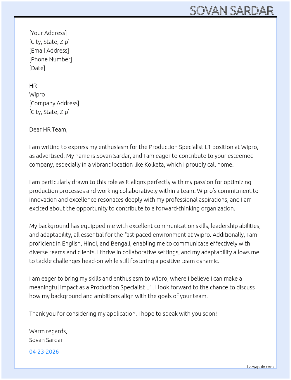 Production Specialist L1 At Wipro  Cover Letter