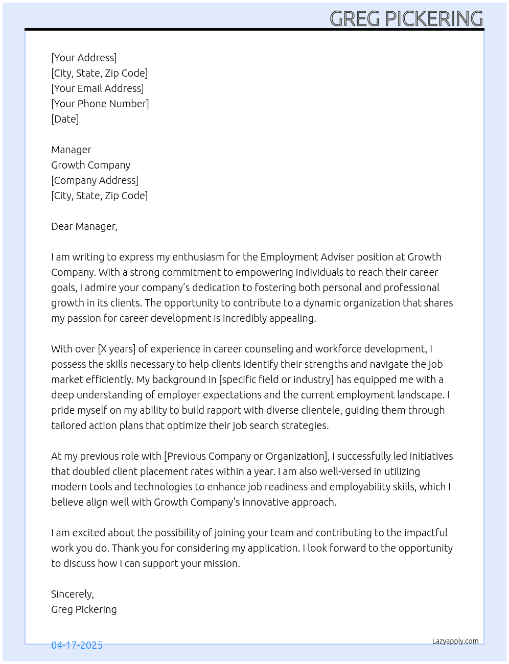 employment adviser At Growth company Cover Letter